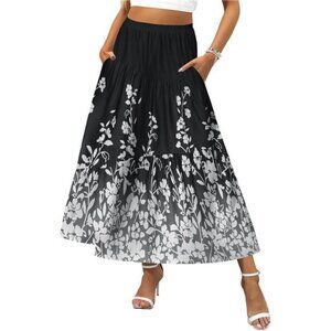 Women's Elastic High Waist A-Line Flowy Swing Black Floral
